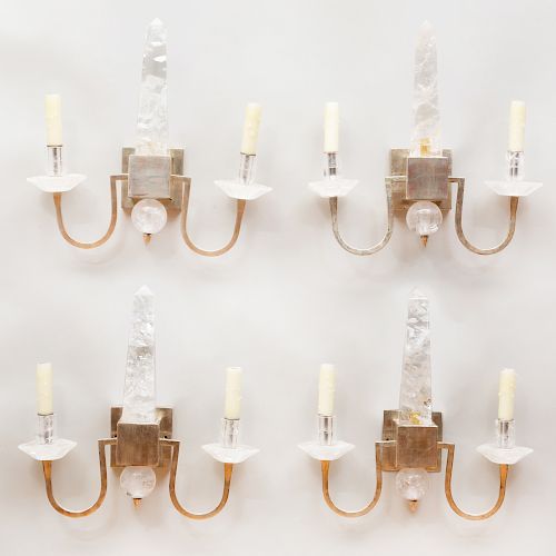 Set of Four Polished Nickel-Mounted Rock-Crystal Two-Light Sconces