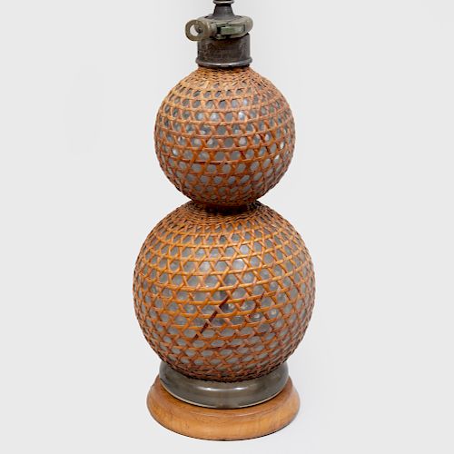 English Wicker and Glass Double Gourd Lamp