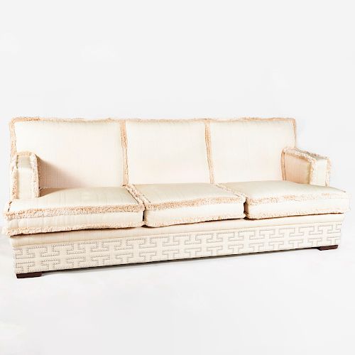 Linen Three Seat Sofa with Fringe Borders