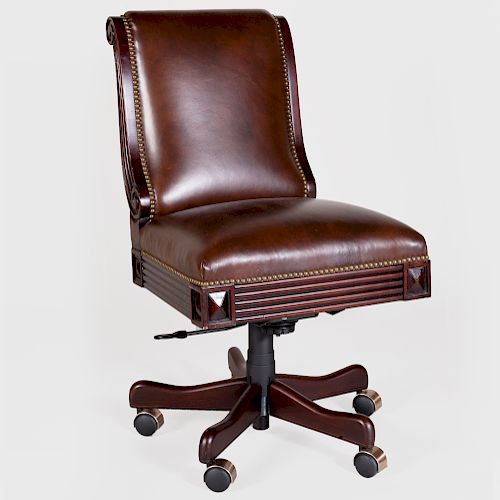 Modern Stained Wood and Leather Desk Chair