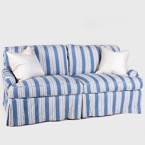 Blue and White Striped Cotton Upholstered Sofa 