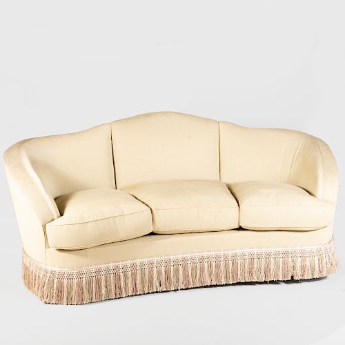 Modern Upholstered Camel Back Sofa with Fringe