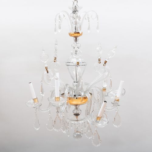 Modern Gilt and Clear Glass Six-Light Chandelier, Possibly Venetian