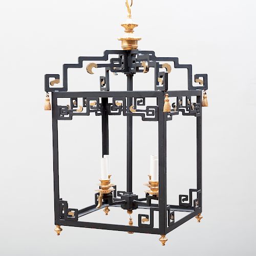 Chinese Style Black Painted and Parcel-Gilt Metal Four-Light Lantern