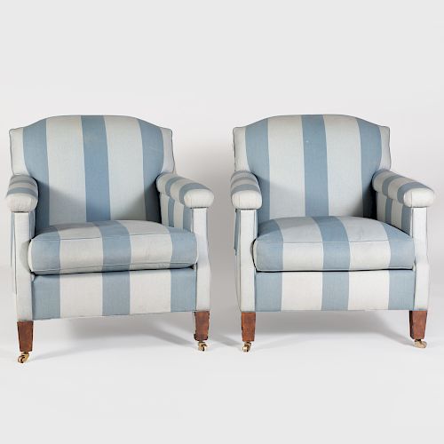 Pair of Cotton Blue Striped Upholstered Club Chairs