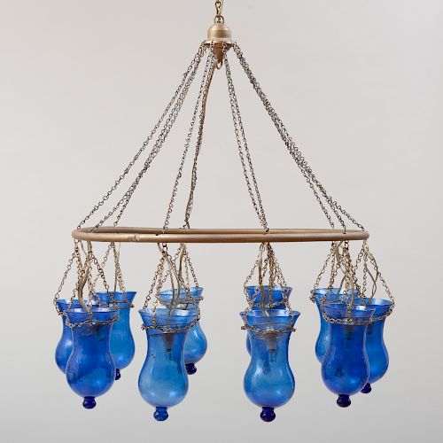 Modern Metal and Blue Glass Ten-Light Chandelier 