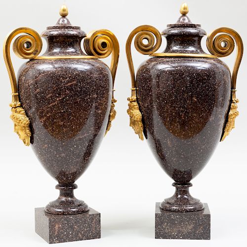 Fine Pair of Swedish Neoclassical Ormolu-Mounted Porphyry Covered Urns