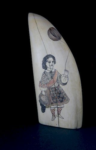 Whaleman Scrimshaw and Polychrome Double Sided Sperm Whale Tooth, circa 1870s