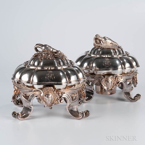 Pair of French .950 Silver Entree Dish Covers, Inserts, and Silver-plated Stands