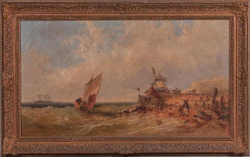 James Edwin Meadows (British, 1828-1888)  Coastal View with Fisherfolk, Windmill, and Vessel Heading Out