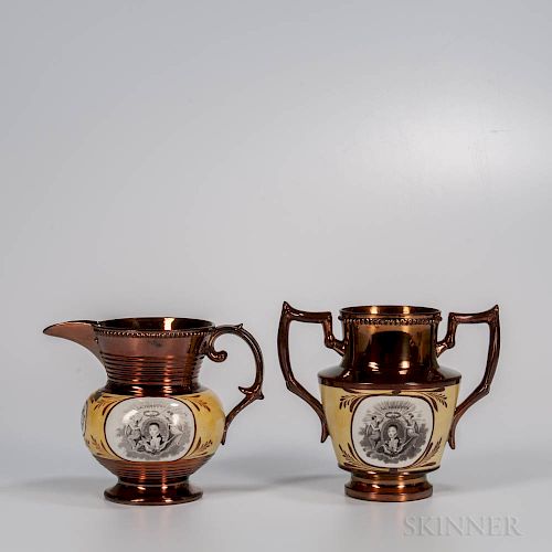 Two Staffordshire Copper Lustre Decorated Lafayette/Cornwallis Items