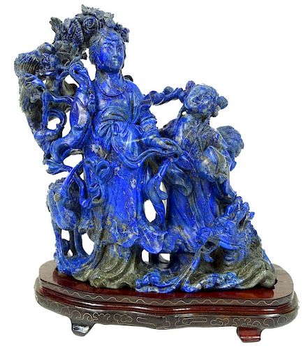 Large, Vintage Chinese Carved Lapis Quan Yin Group