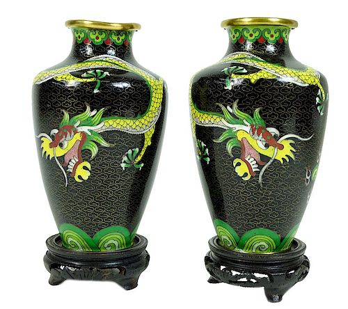 (2) Two Chinese Cloisonne Vases on Wooden Stands