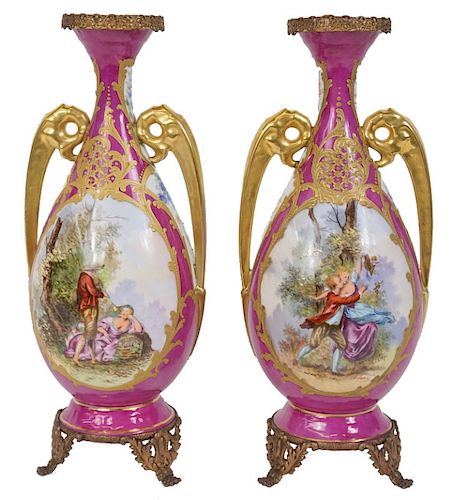 (2) Pair of French Gilt Painted Porcelain Urns
