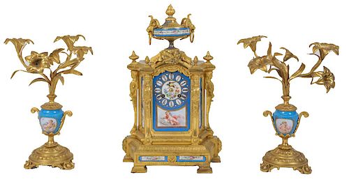 (3) Three Piece French Bronze And Porcelain Clock