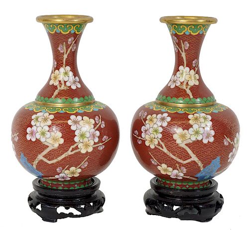 (2) Two Chinese Cloisonne Vases On Wooden