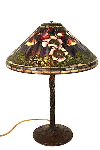Signed Art Glass Shade And Bronze Lamp Base