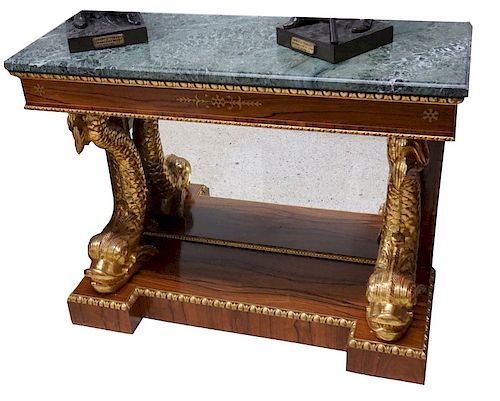 Marble Top Console Table Gilt Accents - Dolphin