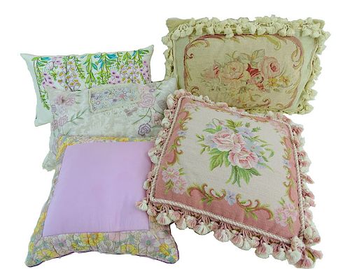 (5) Five Assorted Pillows. silk and tapestry