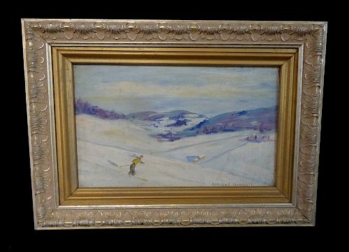 ARMAND HENAULT SGN. OIL ON  PANEL WINTER LANDSCAPE WITH SKIERS 