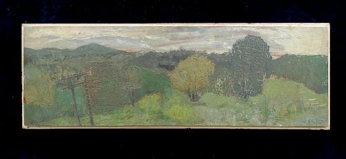 WALTER (?) SGN. OIL ON PANEL LANDSCAPE WITH POWER LINES 