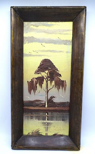 FRAMED OIL ON BOARD  "LANDSCAPE WITH TREE" SGN. GIBSON