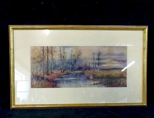 WATERCOLOR LANDSCAPE WITH STREAM SGN. INDISTINCTLY 