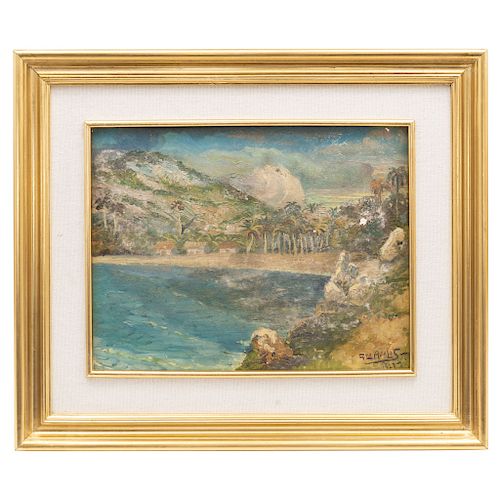 GUILLERMO ÁVALOS (MEXICO, ACTIVE DURING 20TH CENTURY). BEACH LANDSCAPE. Oil on cardboard. Signed and dated "Gmo. Ávalos 1927". 11.8 x 15.3 in