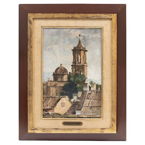 PEDRO GALARZA DURÁN (GUADALAJARA, JALISCO, 1887-1977) TOWER OF SAN FELIPE NERI, GUADALAJARA. Oil on canvas. Framed. 11.6 x 7.4 in