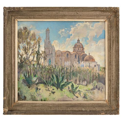 CHARLES MICHEL (BELGIUM, 1874-1967) VIEW OF THE CHURCH OF PUEBLA. Oil on canvas. Signed on the back. 21.8 x 23.8 in