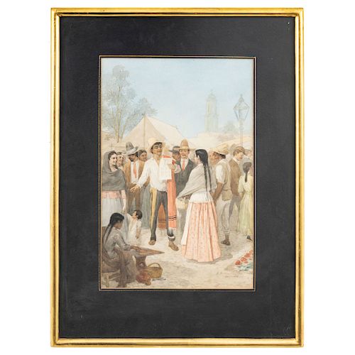 JESUS MARTINEZ CARRIÓN (MEXICO, 1860 - 1906) ROMANCE POPULAR, 1895. Pencil and watercolor on paper. Signed and dated. 12.7 x 8.6 in