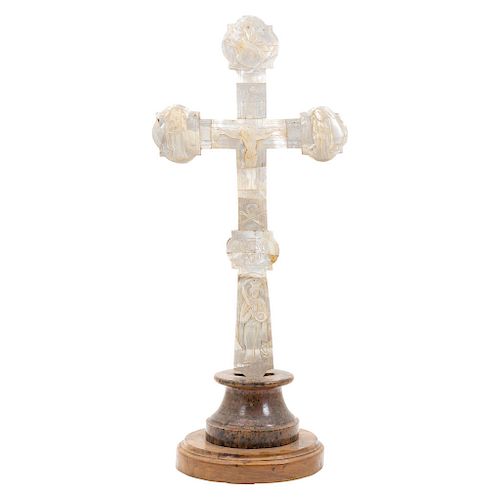 CRUCIFIX. EARLY 20TH CENTURY. Wood, mother-of-pearl details. Crucifixion scene, virgins and Holy Father. 19.6 in tall