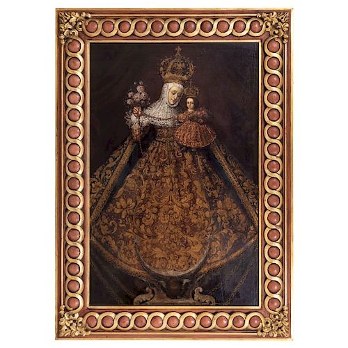 OUR LADY OF THE ROSARY. MEXICO, 18TH CENTURY. Oil on canvas. 62.5 x 40.5 in