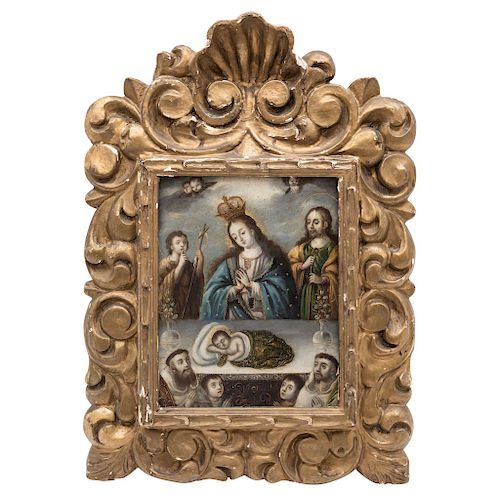 VIRGIN MARY, SAINT JOSEPH, JOHN THE BAPTIST AND SAINTS SAVE THE DREAM OF JESUS CHILD. MEXICO, 17TH/18TH CENTURY. Oil on metal plate. 8.8 x 6.6 in