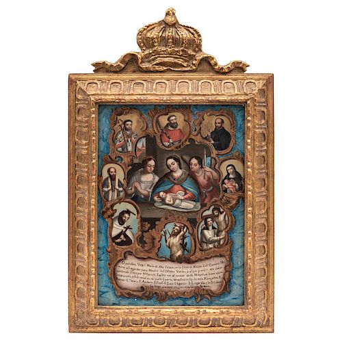 VIRGIN AND CHILD WITH SAINT ELIZABETH, ANGEL AND SAINTS SCENES. MEXICO, 18TH CENTURY. Oil on metal plate. Golden frame. 10.8 x 7.8 in