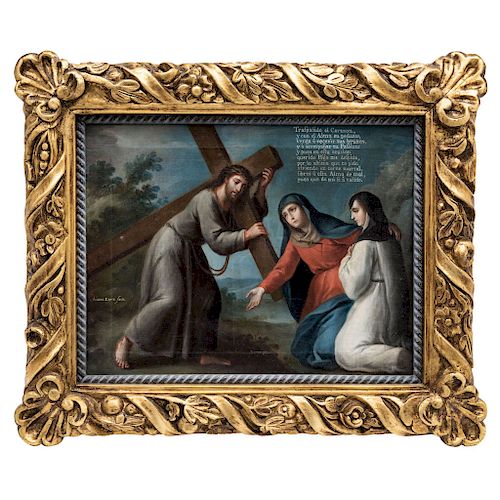 ANDRÉS LÓPEZ (MEXICO, ACTIVE 1763-1811). FOURTH STATION OF THE VIA CRUSIS: JESUS MEETS HIS MOTHER MARY. Oil on canvas. 9.4 x 12.2 in