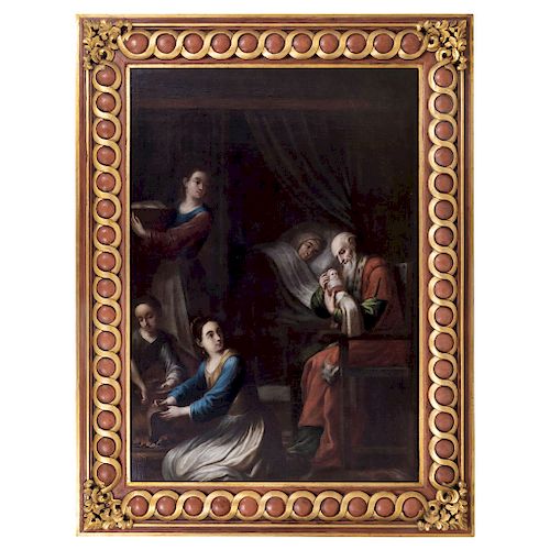 NICOLAS RODRÍGUEZ JUÁREZ (MEXICO, 1666-1734). THE BIRTH OF VIRGIN MARY. Oil on canvas. Signed: "Nicolás Rodríguez Juárez P". 61.8 x 43.3 in