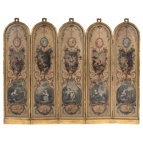 SCREEN OF FIVE PANELS WITH ARCADIAN SCENES AND PUTTIS. END OF THE 18TH CENTURY. Front: oil on canvas. Back: damascus. 80.3 x 102.3 in