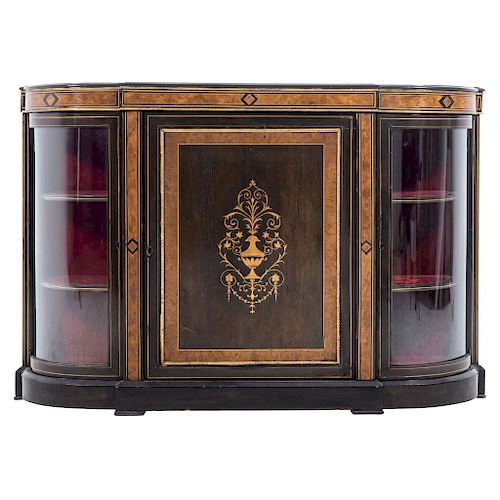 COMMODE. FRANCE, CIRCA 1900. Ebonized wood with golden details and glass side doors. 38.5 x 57.4 x 23.2 in