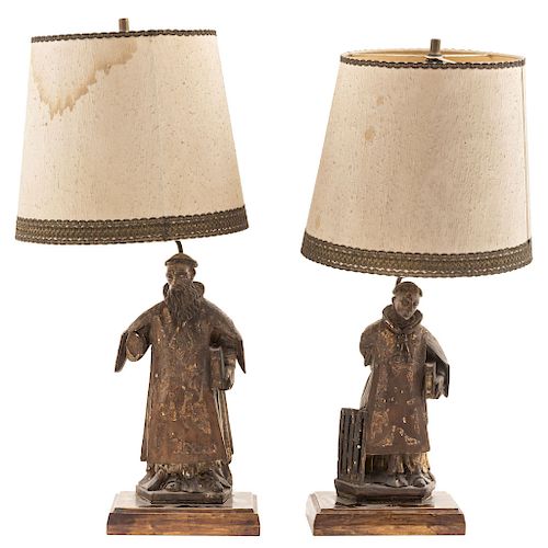 A PAIR OF LAMPS. MEXICO, 18TH CENTURY. Religious figures modified as lamps. Gilt wood. 33 in tall each 