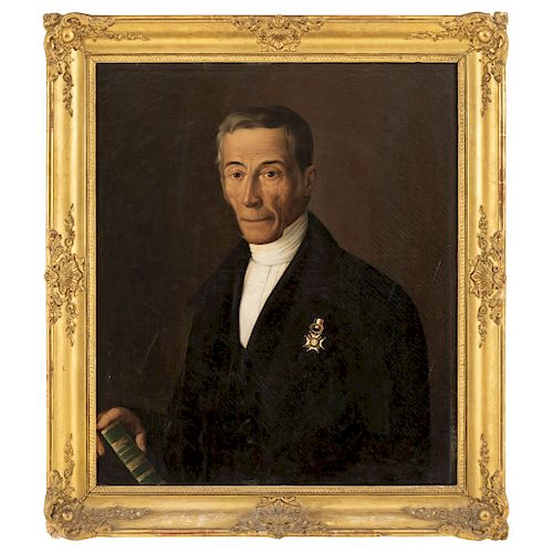 FRANCISCO MORALES VAN DER EYDEN (MEXICO, 1811-1884). PORTRAIT OF DON MANUEL PÉREZ DE SALAZAR MÉNDEZ MONT. Oil on canvas. Signed and dated. 29.1 x 24.8