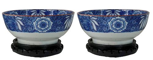(2) Two Blue + White Porcelain Flower Bowls