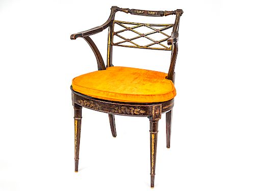 A Regency Style Ebonized Poycrhome and Gilt Decorated Open Arm Chair
Height 32 inches.