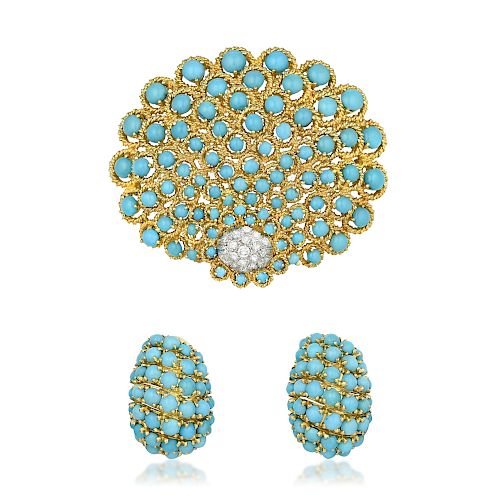 A Fine Turquoise and Diamond Pin and Earrings Set, Italian
