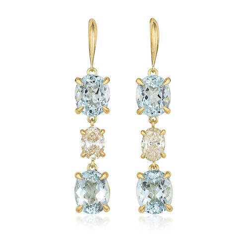 A Pair of Aquamarine and Diamond French Hook Earrings
