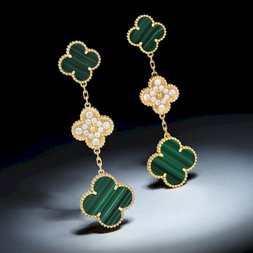 Van Cleef & Arpels Magic Alhambra Malachite and Diamond Earrings, 3 Motifs