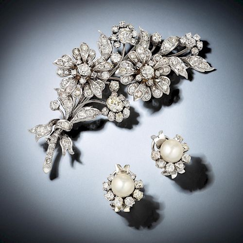 Antique Important Diamond Brooch/Earrings, French