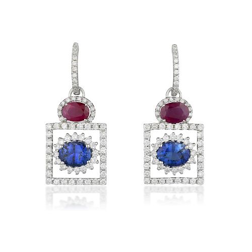 A Pair of Ruby Sapphire and Diamond Earrings