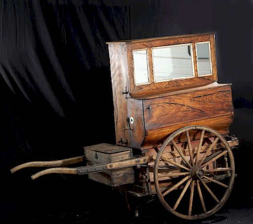 19th C. American Wood Barrel Piano + Cart, George Hicks