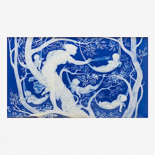 LOUIS SOLON PATE-SUR-PATE BLUE-GROUND RECTANGULAR PLAQUE EMBLEMATIC OF MUSE WAKING CHERUBS
